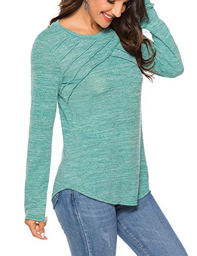 Chunoy Women Casual O Neck Long Sleeve Solid Sweater Pullover Top Green Large