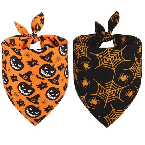 Doncida Halloween Dog Bandanas 2 Pack, 4 Pattern Reversible Triangle Halloween Pumpkins Cobwebs Scarf for Large and Extra Large Dogs, Premium Durable Fabric for Boy and Girl Pets XL