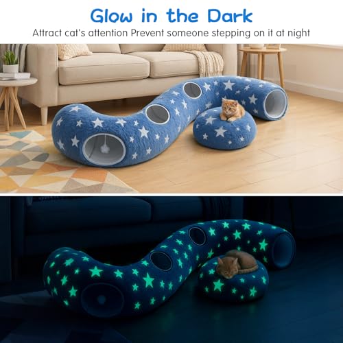 Image of Cycodo Indoor Cat Tunnel Bed,Shape-Shifting Pet Cave with Circle Cushion,Luminescent Donut Tunnel Toy for Kitten /Puppy /Rabbit (Starry Blue)