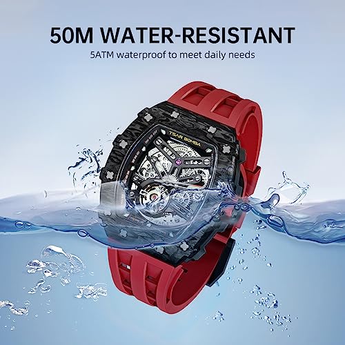 Image of TSAR BOMBA Men's Automatic Watch Tonneau Luxury Skeleton Watches for Men Mechanical 50M Waterproof Analogue Watches Mens Unique Cool Square Big Face Dial Wristwatch with Silicone Strap Band