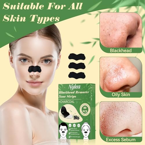 Mitesserentferner Strips 80 Stück – Tiefenreinigende Porenpflaster mit Aktivkohle für Gesicht und Nase, Entfernt Verstopfungen und Überschüssigen Talg
