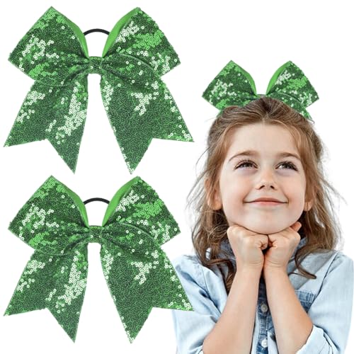 2PCS Green Christmas Hair Bows Ties Glitter Sequins Irish Green Cheer Bows for Cheerleaders with Ponytail Holder Handmade Elastic Hair Ties Bands Hair Accessories for Women Teen Girls