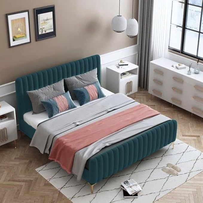 Image of Wakeup India Trevinox Queen Size Bed 78x60 Inch | Suede Fabric Bed | Bedroom Furniture | Premium Upholstery Bed | No Storage | 1 Year Warranty