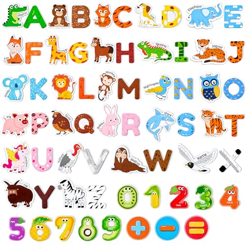 JoyCat Wooden Kids Magnets – 26 Cute Animals, Alphabet Uppercase Letters, and 0-9 Numbers, Fridge Magnets for Toddlers, Fun Educational Spelling Learning Gift for Toddlers & Kids