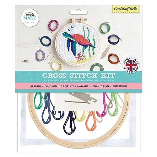 Simply Make Cross Stitch Kit, Coral Reef Turtle Design for Kids & Adults, Including Hoop, Embroidery Thread