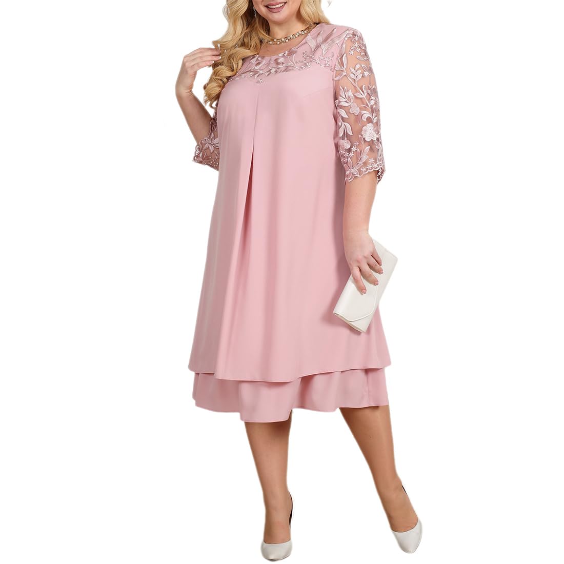 OBEEII Abito da donna in chiffon taglie forti mezza manica girocollo ricamo floreale festa matrimonio ospite cocktail abito UK