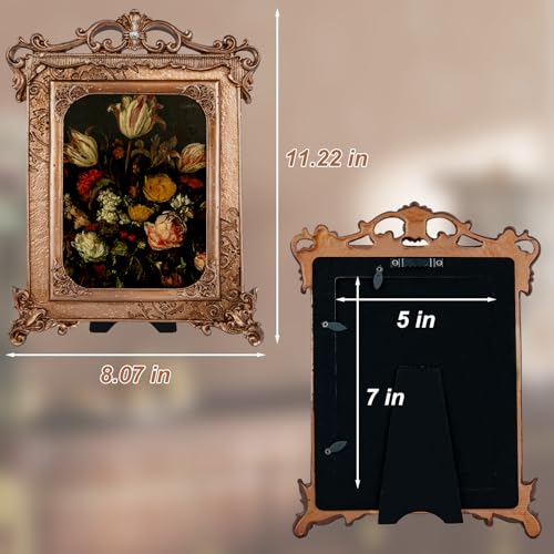 Image of 5x7 Gold Picture Frame Baroque, Victorian Vintage Ornate Design, Glass Front, Tabletop & Wall Display, Vertical Orientation, Bronze
