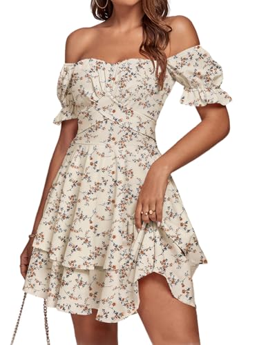 LYANER Women's Tie Back Off Shoulder Wrap Layer Ruffle A Line Short Sleeve Casual Mini Dress Beige...