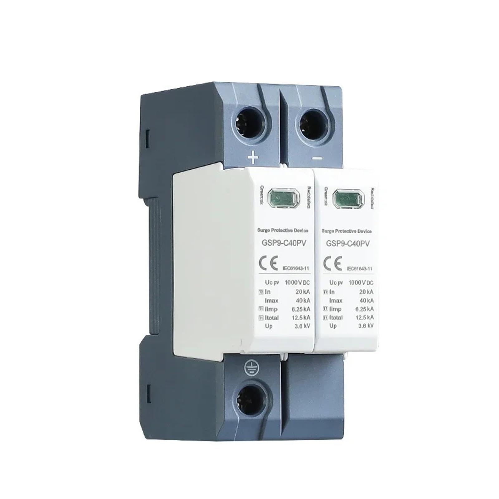 GSP9 Photovoltaic DC SPD 2P 600V 1000V 20KA~40KA Surge Protector Protective Device Lightning Protection Din Rail T1+T2(2P 600VDC)