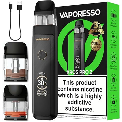 Vaporesso Xros Pro 2 Vape Kit [Glittering Black] - 2A Fast Charge in 30 mins USB-C 2000mAh Battery 30W Output 0.96 TFT - Compatible with all Vaporesso Xros Pod Refillable Vaping - No Nicotine