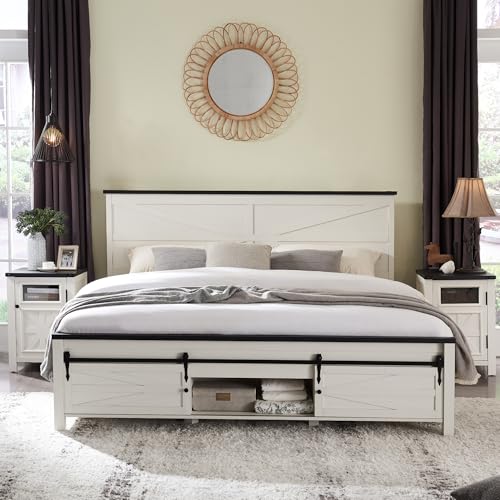 JXQTLINGMU 3 Pieces Farmhouse Bedroom Set-King Size Bed with 2 Nightstands of Sliding Barn Door Storage Cabinets, Solid Wood Slats Support, Noiseless, No Box Spring Needed, Off White