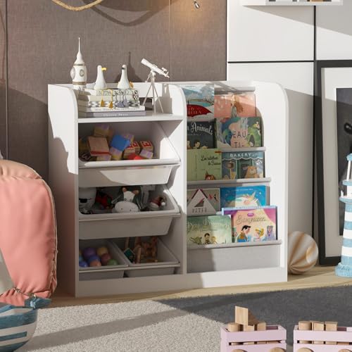 White Kids Wood Bookshelf Toy Storage Box Organizer Shelf W/4 Removable Plastic Toy Bin Children Bookcase Toddler Baby Sling Book Rack Cabinet Girl Boy Gift Playroom Bedroom Nursery Classroom Library - Image 4