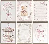 6pcs Pink Vintage Baby Girl Nursery Wall Art Prints Cute Carousel Teddy Bear Canvas Wall Decor Paintings Pink Bows Floral Posters Pictures for Little Girl Bedroom Kids Room Decor 8x10inch Unframed