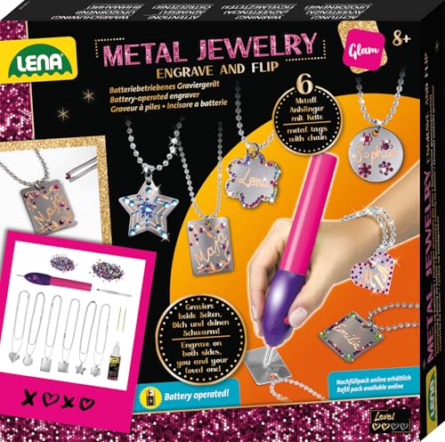 Lena 42655 Metal Jewelery Schmuck-Bastelset ab 8 Jahren - Halskette basteln ganz einfach, Kreatives Bastelset für Mädchen mit Gravurgerät, Anhänger & Deko-Strasssteinen