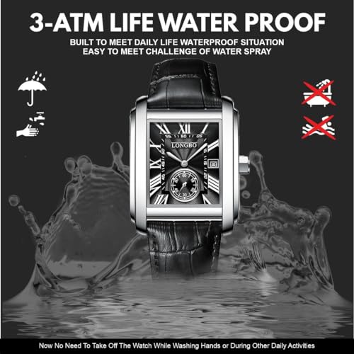 Image of LONGBO Mens Watch Rectangular Shape Alloy Case Business Casual Genuine Leather Strap with Seconds Subdial | Calendar Date | Scratch Resistant Waterproof Watches for Men
