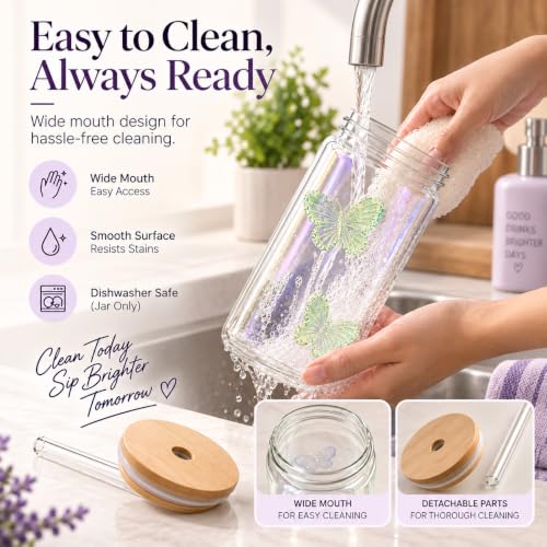 Image of 400ml Sipper Drinking Jar with Bamboo Lid & Glass Straw, Butterfly Printed Mason Jar Cup, Leakproof Reusable Smoothie & Juice Tumbler, Beverage Glass for Home & Office (Pack of 1 Green)
