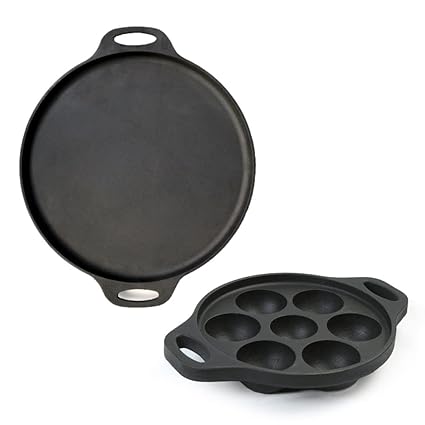 Feroall Cast Iron Pre Seasoned & Smooth Flat Dosa Tawa (10 inch / 25.4 cm) and Paniyaram Appam/Appe Pan/Patra/Maker Combo Set | Ready to use | Multipurpose