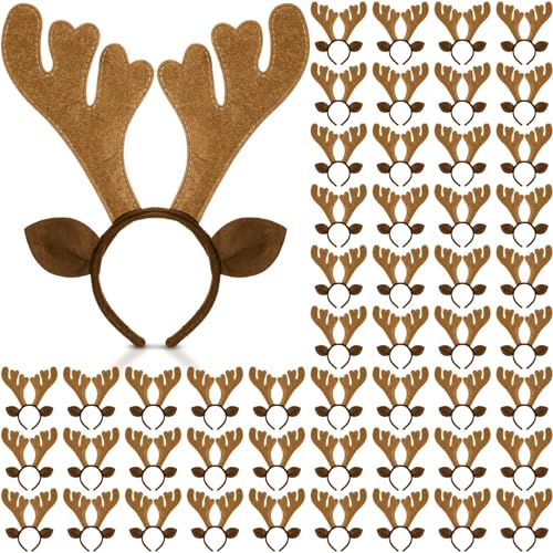 Riceshoot 60 Pcs Christmas Reindeer Antlers Headband Deer Headpiece with Ears for Adult Women Xmas Costume Party Favors(Dark Brown)