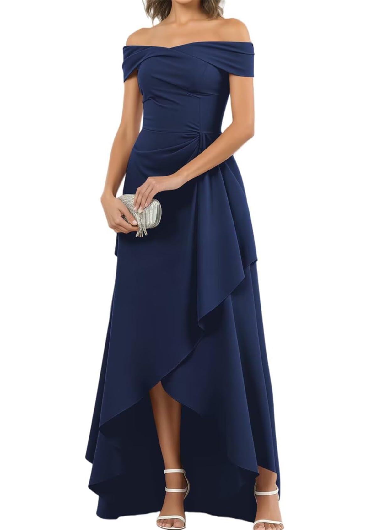 WISIYLE Off Shoulder Bridesmaid Dresses with Slit Prom Mother of The Bride Dress Chiffon Wedding Formal Gowns WQL005 Navy Blue UK18
