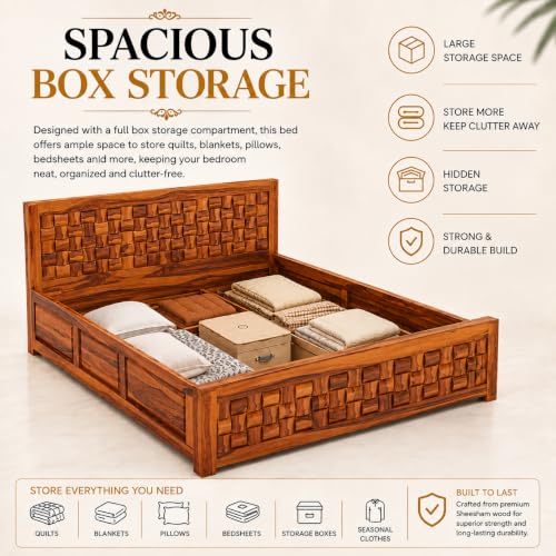 Image of SHISSO Solid Sheesham Wood Queen Size Bed with Storage Box | Wooden Queen Size Double Bed Cot Palang with Storage | Furniture for Bedroom,Home,Hotel | Niwar Design | Honey Finish