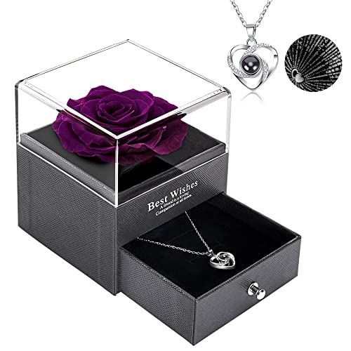 POYET Rose Eternelle pour Cadeau Femme Préservé Rose avec I Love You Collier pour Cadeau Anniversaire Femme Maman, Idée Cadeau Femme pour Saint-Valentin Fête des Mères Christmas (Rose Violet) Cover