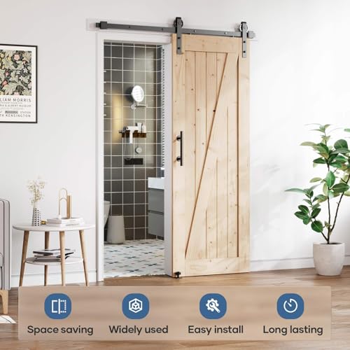 Image of EaseLife 4FT Sliding Barn Door Hardware Track Kit & Handle,Big Industrial Spoke Wheel Pulley,Wall Mount,Slide Smoothly Quietly,Easy Install,Black,48 inch Track Fit for 20-22 inch Wide Opening (No Door)