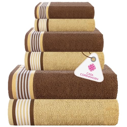 Casa Copenhagen Juego de Toallas He & She de 6 Piezas, Marrón + Beige, 550 g/m², 2 baño, 2 Mano, 2 paños, diseñado en Dinamarca con algodón Egipcio para baño, Cocina y Ducha.