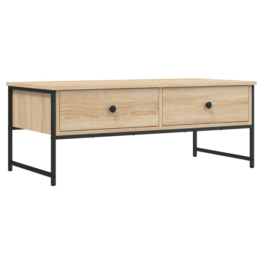 Stolik kawowy dąb Sonoma 101 x 49 x 39,5 cm, materiał drewnopochodny, metalowa rama, z 2 szufladami, stół do salonu, nowoczesne stoliki kawowe do salonu