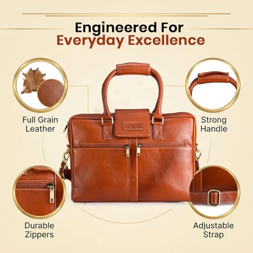 Image of Full Grain Genuine Leather Laptop Bag, with 15.6 inch Padded Laptop Compartment and Adjustable Shoulder Strap