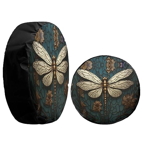 Image of Delerain Spare Tire Cover Gold Dragonfly Wheel Covers Waterproof Dust-Proof UV Sun Universal Fit for RV Trailer RV SUV Truck and Many Vehicle (17 Inch for Diameter 31 inch-33 inch)
