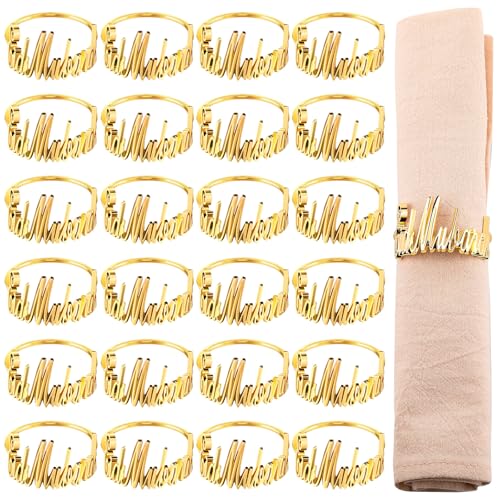 FillTouch 24 Set Ramadan Napkin Rings Eid Mubarak Kareem Letter Metal Napkin Holder Muslim Alphabet Buckles Table Decor for Islamic Party(Gold,Eid Mubarak)