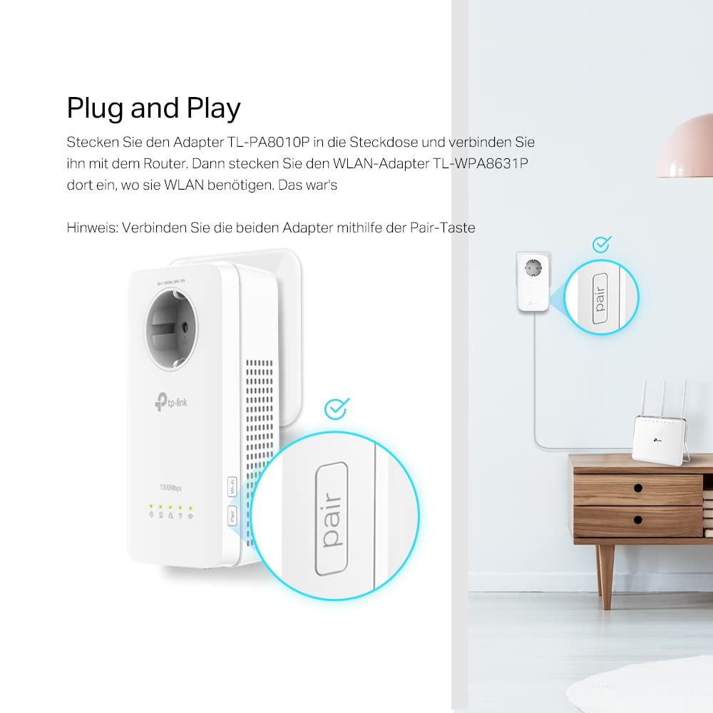 TP-Link WLAN Powerline Adapter Set TL-WPA8631P KIT(Dualband WLAN 1200Mbit/s, AV1300 Powerline, Steckdose, Wifi Clone, MU-MIMO, 4 Gigabit Ports, Plug&Play, ideal für HD-Streaming)
