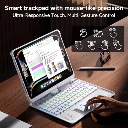 Image of Clear Wireless Keyboard Case for iPad Pro 13 Inch M5 /M4 2025 /2024 with Pencil Holder & Multi-Touch Trackpad, Visible PCB High-Tech Style, 3-Brightness & 7-Color Backlight, 360 Rotatable,White