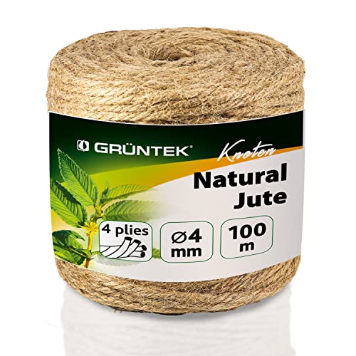 GRÜNTEK Spago Canapa Juta 4mm – Rotolo 100m, Corda Naturale e Biodegradabile per Tiragraffi Gatti, Giardinaggio e Decorazioni Fai-da-te | Filo Juta Resistente ed Ecologico