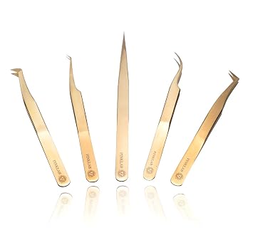 Rev Pro Gold / 5 pack tweezer set/Volume / 45 Isolation/Straight/Curve/120 degree for Eyelash Extensions By PINKLAB