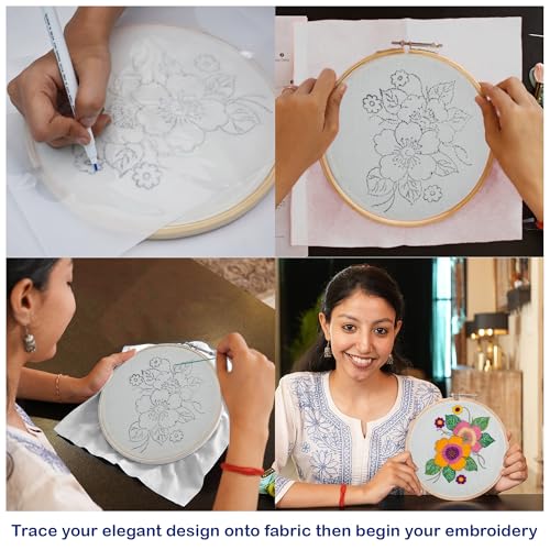 Embroiderymaterial Beginners Kit Do Cross Stitch /Embroidery on 3Size Hoops 25 Cotton 10 Lurex 2 Zari 2 Art Silk Threads 2 Needle 1 Each Pinned Flower Design Tracing Pen Fabric and Cutter,Multi