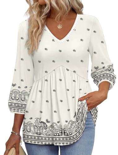 Image of OFEEFAN 3 /4 Length Sleeve Womens Tops 2026 Blouses for Women Dressy Casual Fashion Clothing V Neck Babydoll Tops Fall Outfits