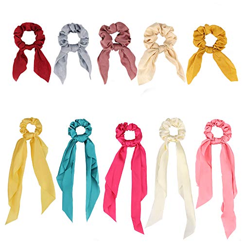 Canitor 10 Pack Satin Scarf Hair Scrunchies Ribbon Bow Scrunchies with Solid Colors Including 5 Satin Hair Scarf and 5 Bunny Ear Scrunchies Bowknot Ponytail Holder for Women