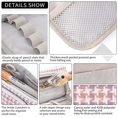 EASTHILL Big Capacity Pencil Case Canvas High Large Storage Pouch Marker Pen Case Simple Stationery Bag School College Office Organizer for Teens Girls Adults Student-Plaid Pink
