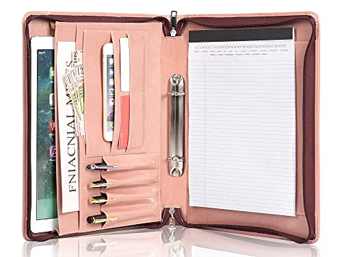 FREI NAME GRAVUR, Schreibmappe Veganes Leder, 2 Ringbinder Konferenzmappe, A4 Dokumentenmappe mit Reißverschluss/a4 Klemmbrett, Mikrofaser Organizer Mappe, Geschenk für Damen, Rosa, Customized Cover