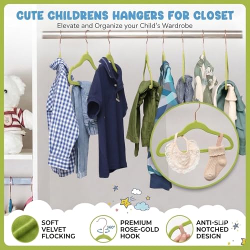Image of 6 -Pcs Green Kids Velvet Hangers Premium 14-Inch Children's for Closet, Ultra-Thin and Cute, Non-Slip Felt Design, Small for Kids' Clothes.