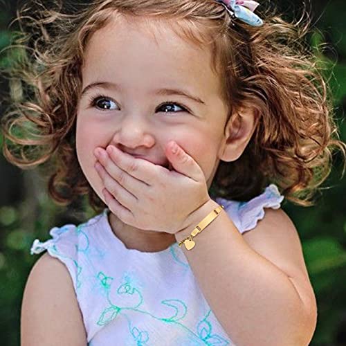 MEALGUET Personalized Child ID Bracelet : 18K Gold Plated Stainless Steel Custom Name ID Plate Bar Bracelet for Children Toddler from Mom, Engraved Kid Name for Daughter Son,Customized Birthday Gift2