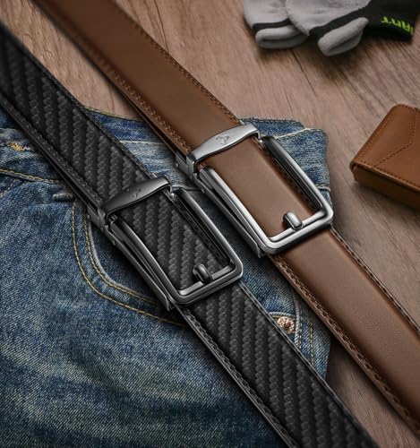 Image of BULLIANT Men Ratchet Belt 2 Pack, Click Sliding Leather Belt Adjustable for Gift Men Dress Casual Jeans 1 3 /8,Cut for Fit