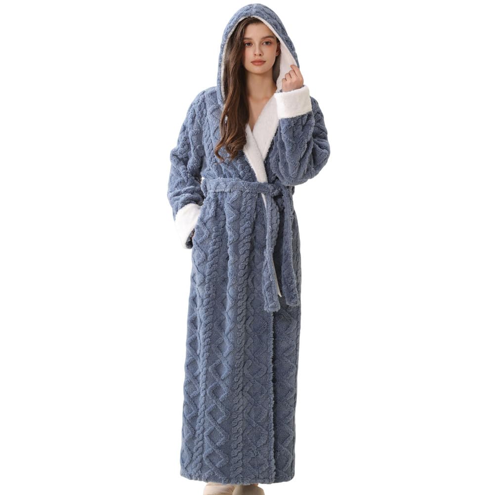 Batas largas de Felpa con Capucha para Hombre y Mujer Albornoz de Invierno Suave Esponjoso y cálido Bata de casa de Forro Polar para Parejas,Women Blue,L