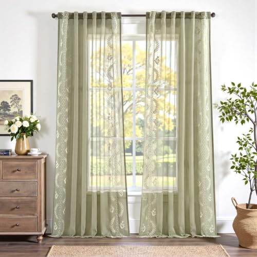 Image of jinchan Floral Sheer Curtains, Back Tab 50x96 Inch, 2 Panels Green