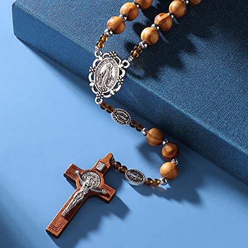 Rnivida Handmade Wood Beads Rosary For Men, Wooden Bead Rosary Necklace with Miraculous Medal St Benedict Crucifix Cross3