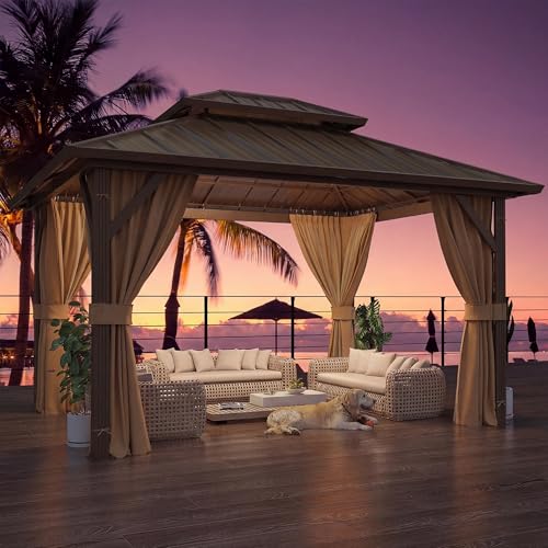 Image of YOLENY 10' x 12' Hardtop Gazebo, Metal Gazebo with Aluminum Frame, Double Galvanized Steel Roof, Curtains and Netting Included, Pergolas for Patios, Garden, Parties, Lawns