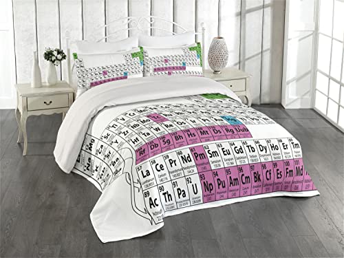 Ambesonne Periodic Table Coverlet, Colorful Chemistry Science Club Print for Teacher Students, 3 Piece Decorative Quilted Bedspread Set with 2 Pillow Shams, King Size, Dark Grey Sky Blue