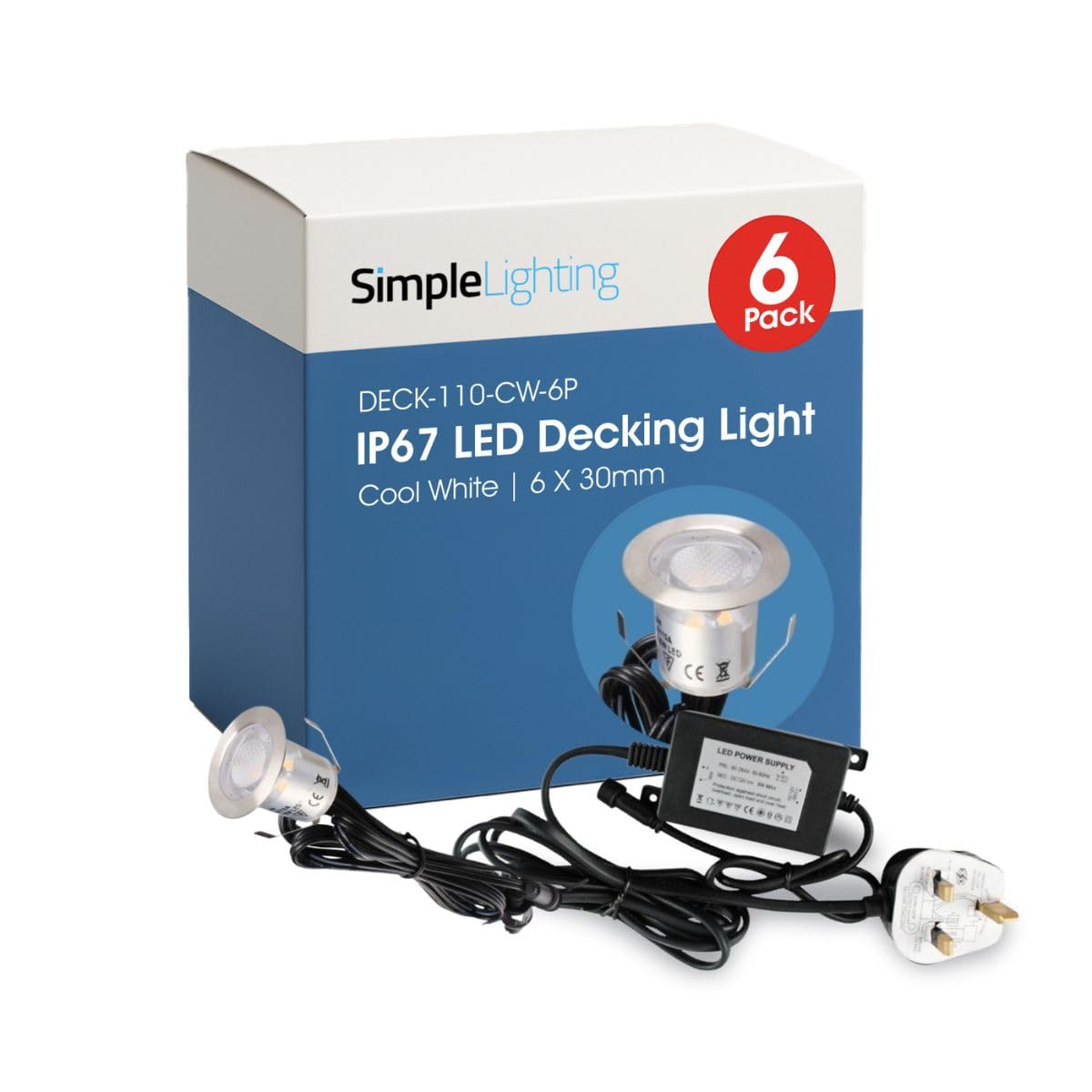 6 Pack - 30mm IP67 LED Decking Lights - Cool White