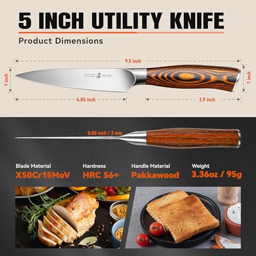 Image of TUO Utility Knife, 5 inch Small Kitchen Knife for Paring & Slicing, with Ergonomic Pakkawood Handle, High Carbon German Stainless Steel - Fiery Phoenix Series